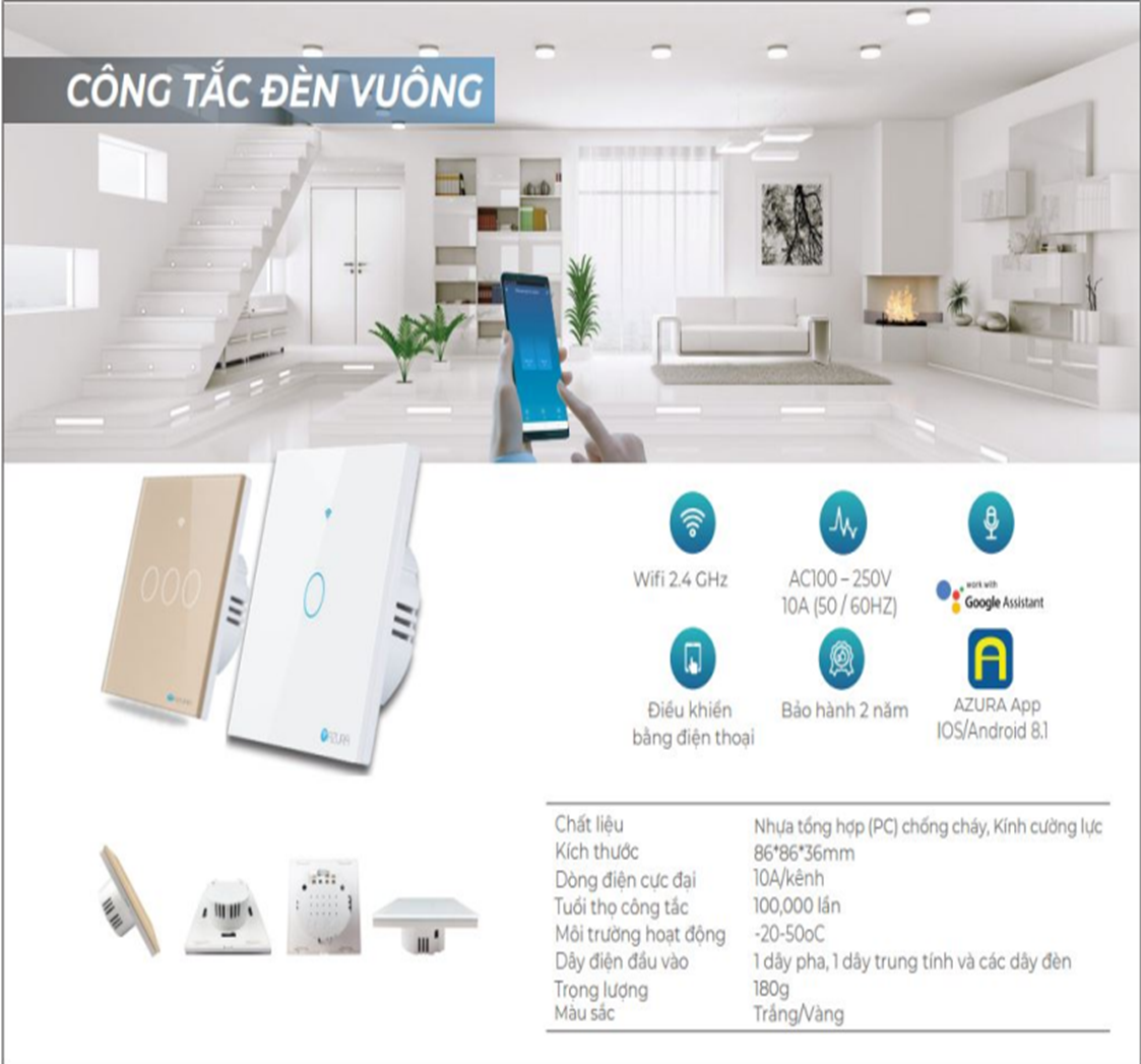 Công tắc wifi Azura 2 kênh hình vuông